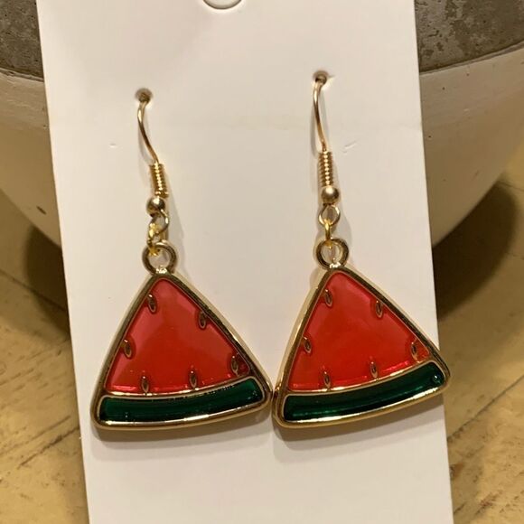 Watermelon Drop Earrings Gold Red Pink Green - Picture 1 of 8